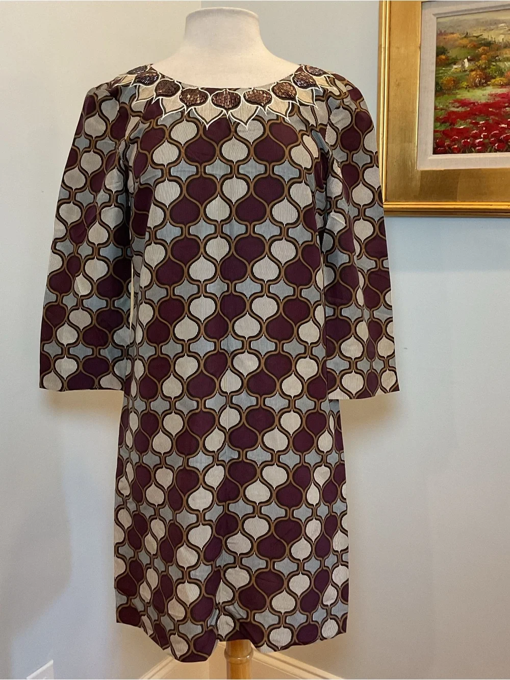 Tory Burch Silk Geometric Shift Dress Beaded Neckline Size 8